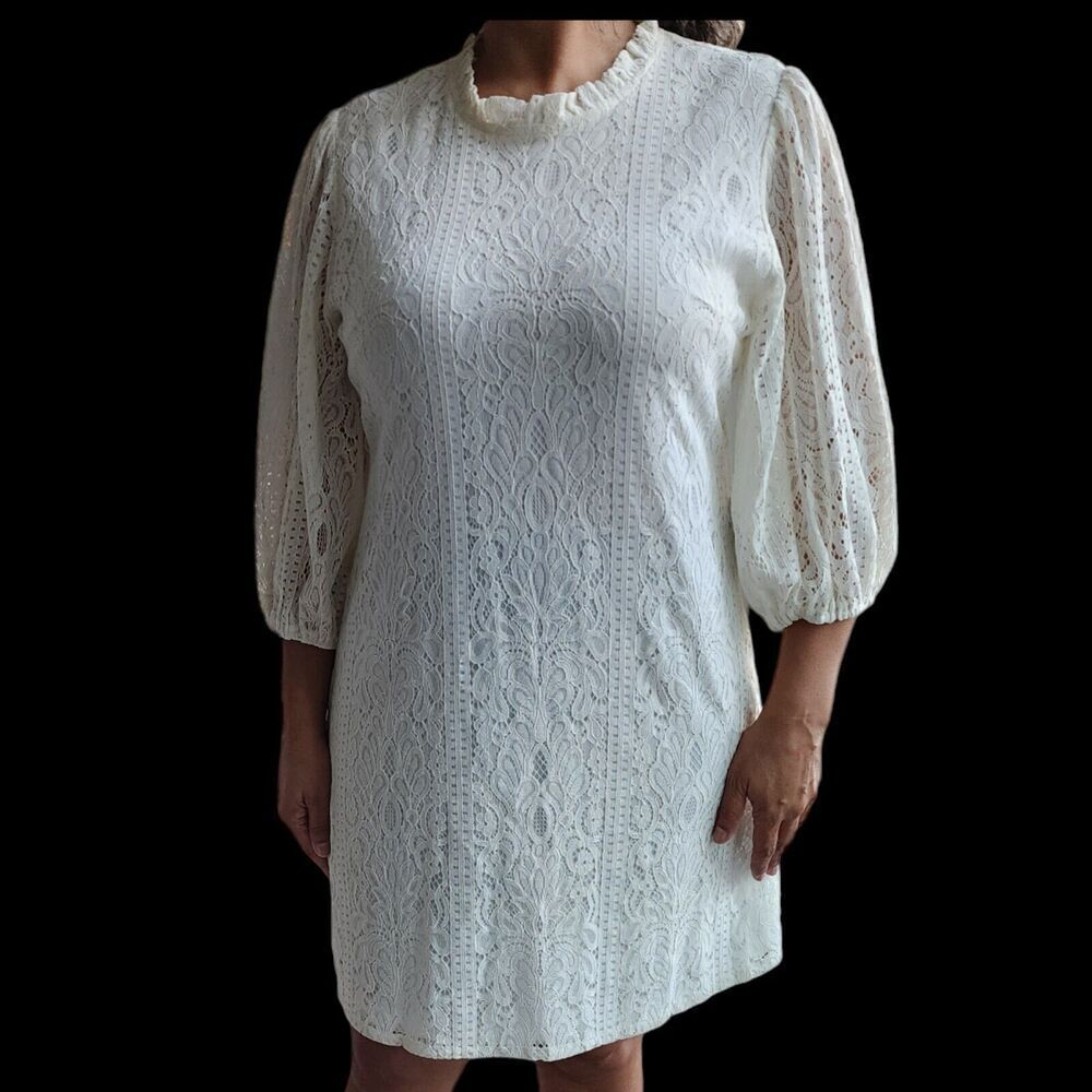 Outrageous Fortune Ivory Lace High Neck Bishop Sleeve Tunic‎ Shift Dress Size 12